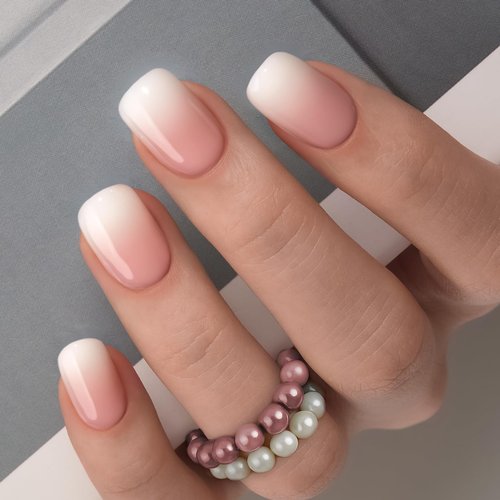 Curvlife Nude Ombre Press On Nails – 30PCS Short Square Soft Gel Fake Nails, Natural Gradient Glue On Nails Kit for Women, Easy At-Home Salon Manicure (Nude White)