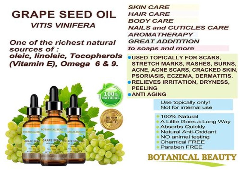Botanical Beauty GRAPE SEED OIL 100% Pure Natural Undiluted Refined Cold Pressed Carrier Oil for Face, Skin, Body, Hair, Massage, Lip, Nails (2 Fl Oz 60 ml)