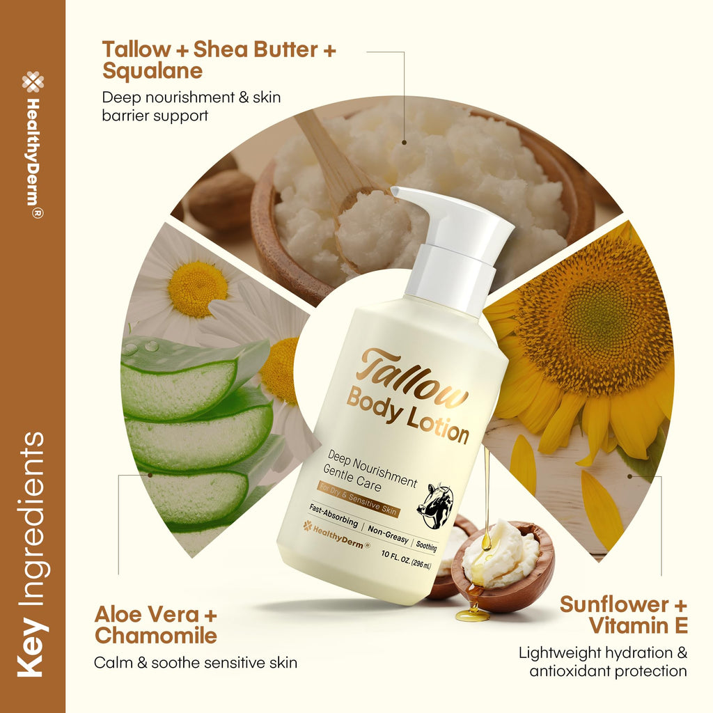 Beef Tallow Body Lotion for Skin: Grass-Fed Daily Moisturizing Cream for Dry, Mature & Crepey Skin, Fast-Absorbing, Non-Greasy, Fragrance-Free Moisturizer with Aloe & Shea Butter (Yellow Bottle)