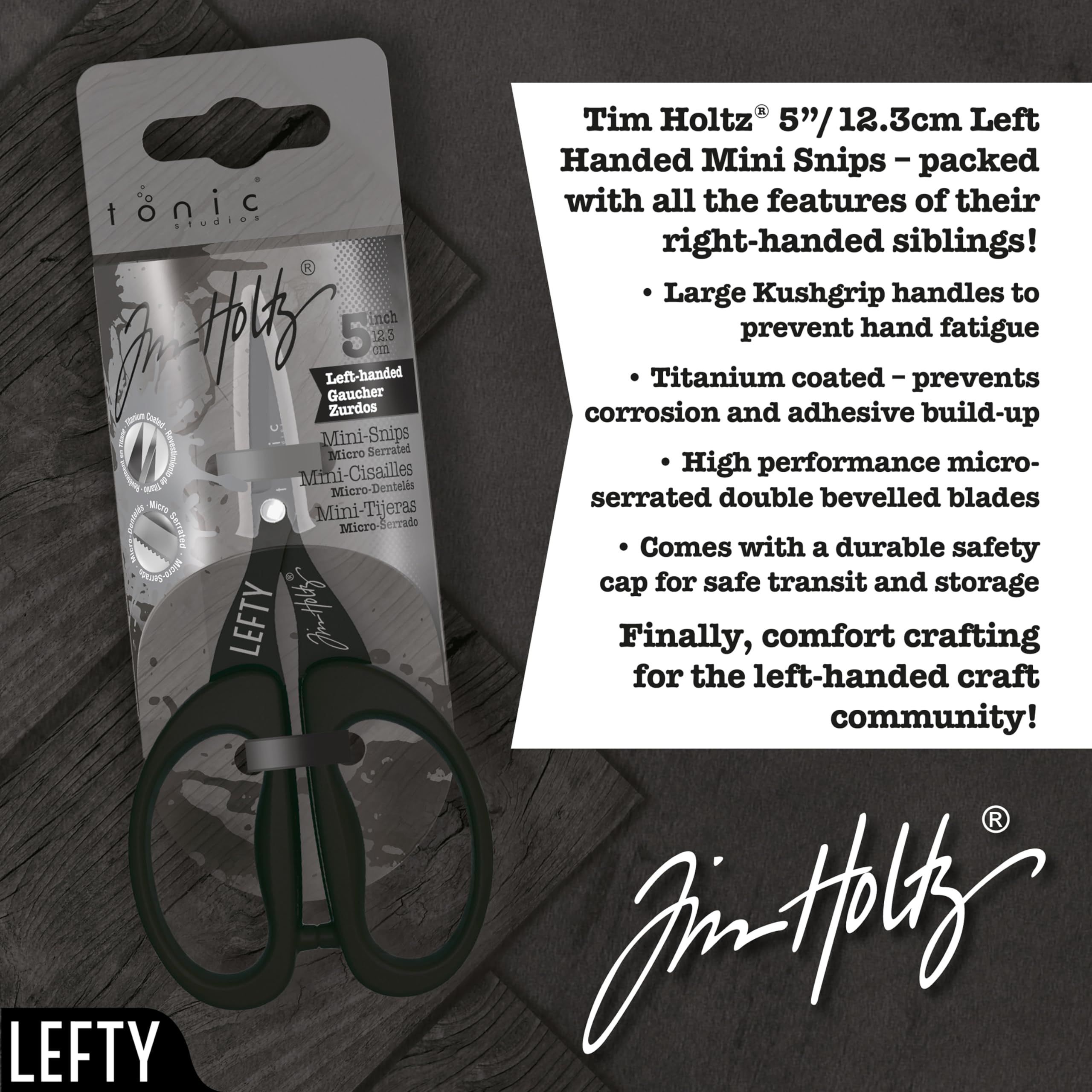 Tim Holtz Left Handed Scissors - 5 Inch Mini Snips with Micro Serrated Blade - Lefty Craft Tool for Cutting Paper, Fabric, and Sewing - Titanium with Black Comfort Grip Handles