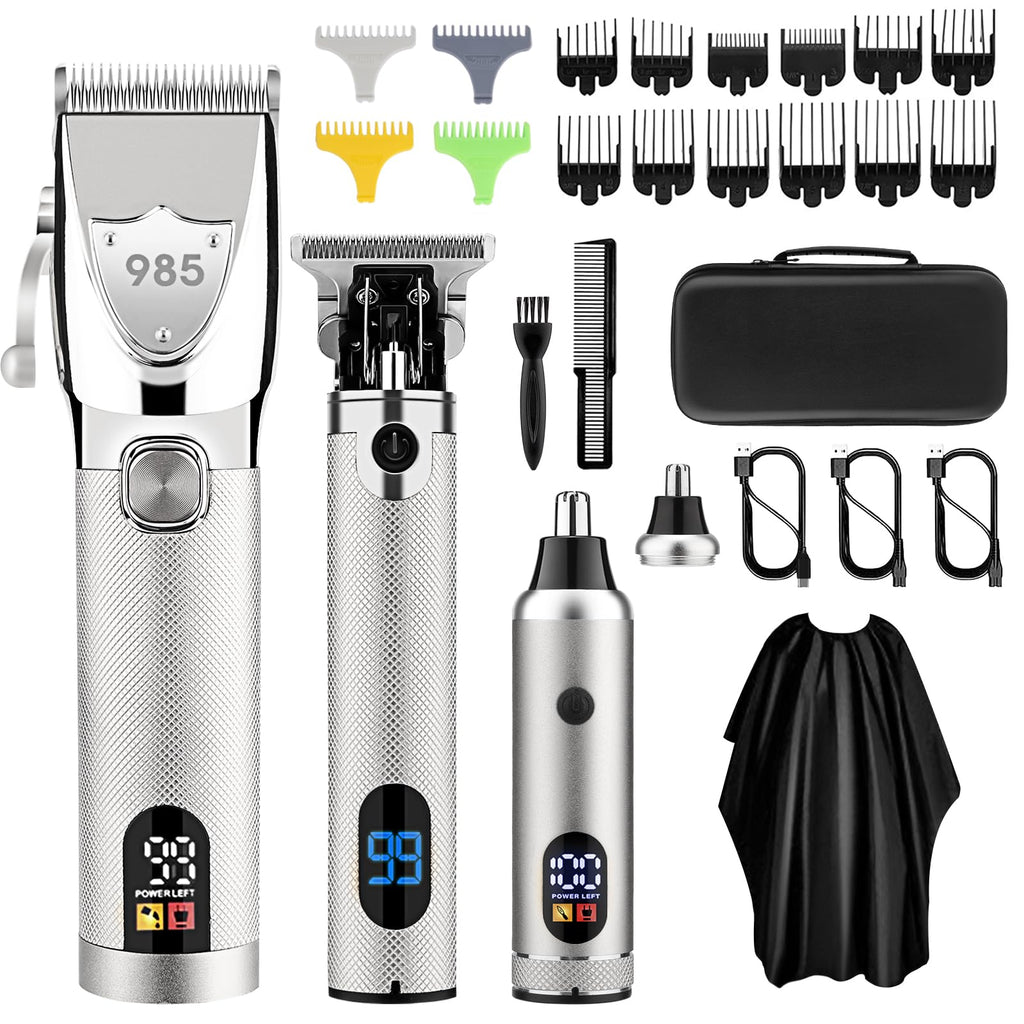 Adaife Professional Hair Clippers for Men, Electric Cordless Clippers and Trimmers Set, Nose Hair Beard Trimmer, Hair Cutting Barber Clippers with Guards, T Liners Edgers Clippers for Mens (Silver)
