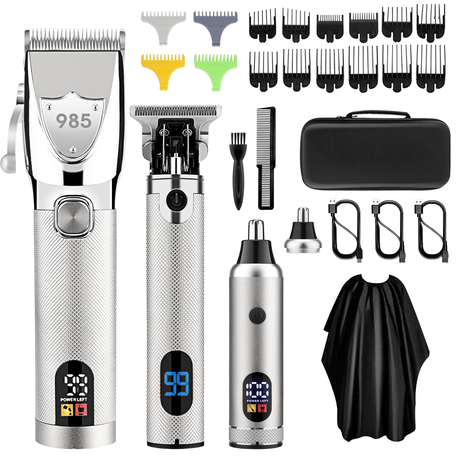 Adaife Professional Hair Clippers for Men, Electric Cordless Clippers and Trimmers Set, Nose Hair Beard Trimmer, Hair Cutting Barber Clippers with Guards, T Liners Edgers Clippers for Mens (Silver)