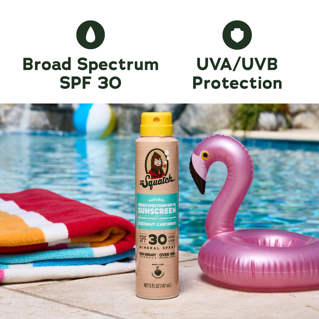 Dr Squatch Sunscreen Spray – Mineral Sunscreen for Face and Body, SPF 30, Broad Spectrum UVA/UVB Protection – Zinc Oxide, Lightweight Non-Greasy Formula – Coconut Castaway (5 fl oz)