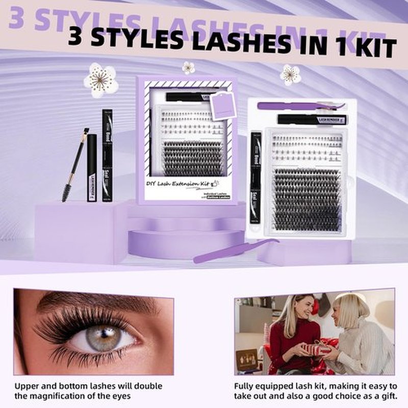 B&Qaugen B&Q Eyelash Extension Kit with Bottom Lash Extension 10-18mm 40D D Curl Lash Clusters Kit with Bottom Lashes DIY Lash Extension Kit Bond and Seal Lash Applicator (Kit-40D-D-MIX10-18)