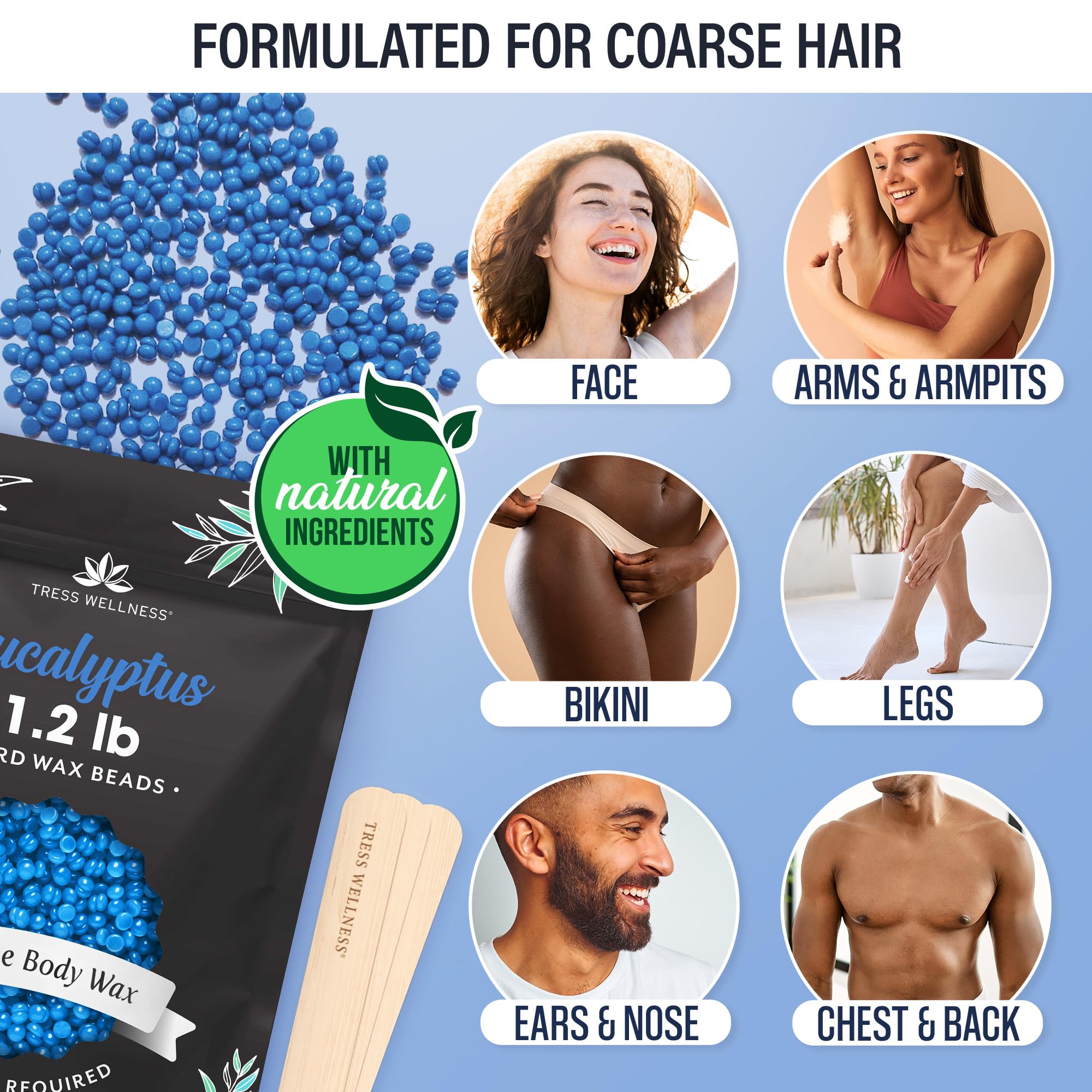 Tress Wellness Wax Beads - Safe for Skin - Dermatologically Tested - At-Home Kit for Bikini, Brazilian & Full Body - Eucalyptus 1.2 lbs