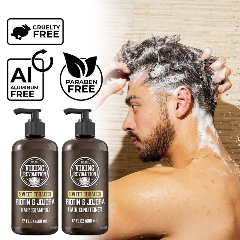 Viking Revolution Sweet Tobacco Men's Shampoo & Conditioner Set - Biotin & Jojoba Oil for Thinning Hair (17 Oz)