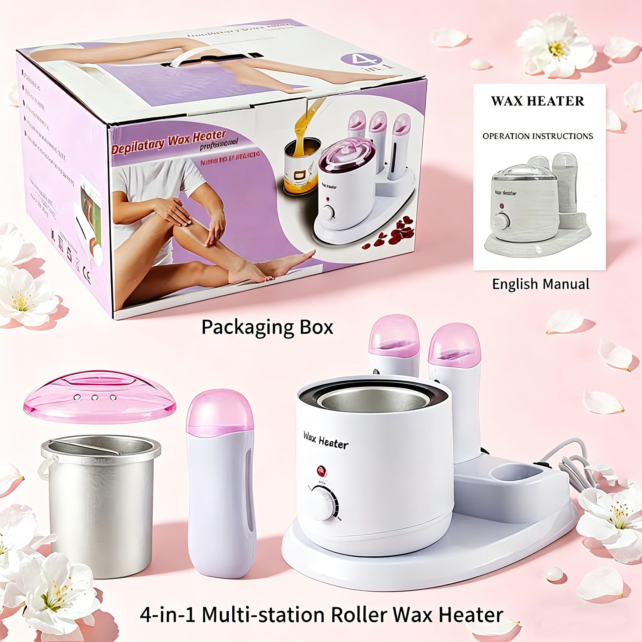 JOJOCOSMO 4 IN 1 Professional 800CC Wax Warmer + 3×100G Roll On Wax Machine with Independent Switches, Wax Warmer for Hair Removal, Depilatory Wax Heater Waxing Kit for women