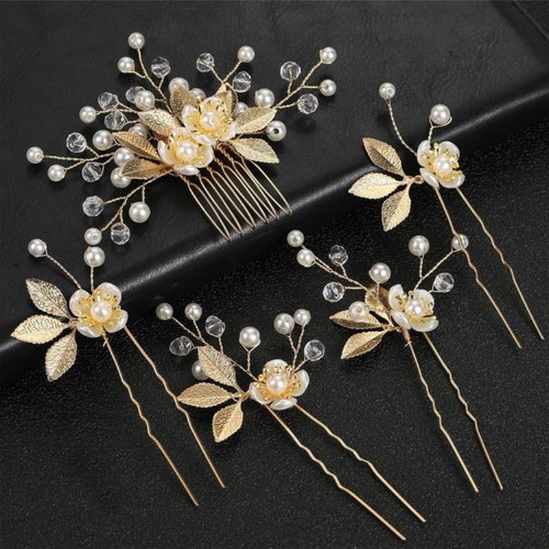 5 Pieces Gold Leaf Hair Comb and Hair Pins, Bridal Hair Accessories Wedding Hair Clip for Brides, Handmade Rhinestone Hair Vine Wedding Head Pieces for Women and Bridesmaids Flower Girls