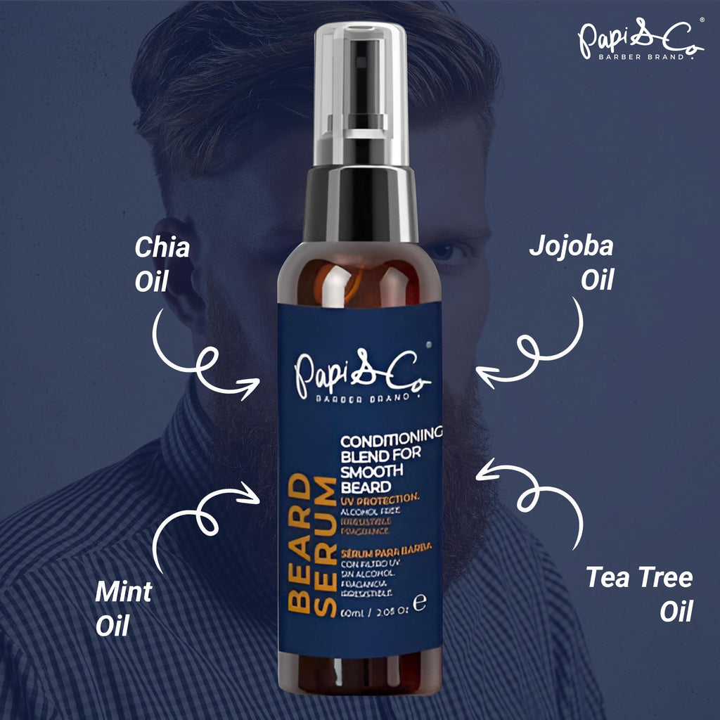 PAPI & CO. - Beard Serum, Beard Moisturizer for Men, Beard Conditioner with UV Protection, Beard Oil with Tea Tree, Chia, Jojoba, & Mint Oils, Beard Softener for Men, 60 mL