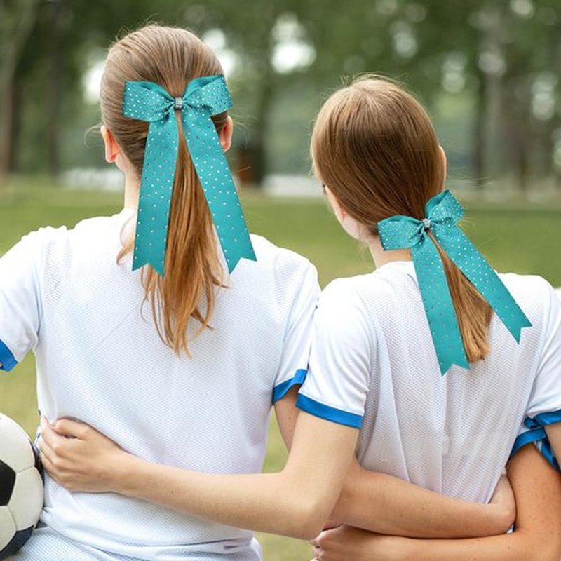 DEEKA 12 PCS Glitter Collegiate Style Cheer Bows Long Tail Full Rhinestones Skinny Shiny Cheer Bow Ponytail Holder Handmade Bows for Girls Teens Cheerleader Sports -Teal