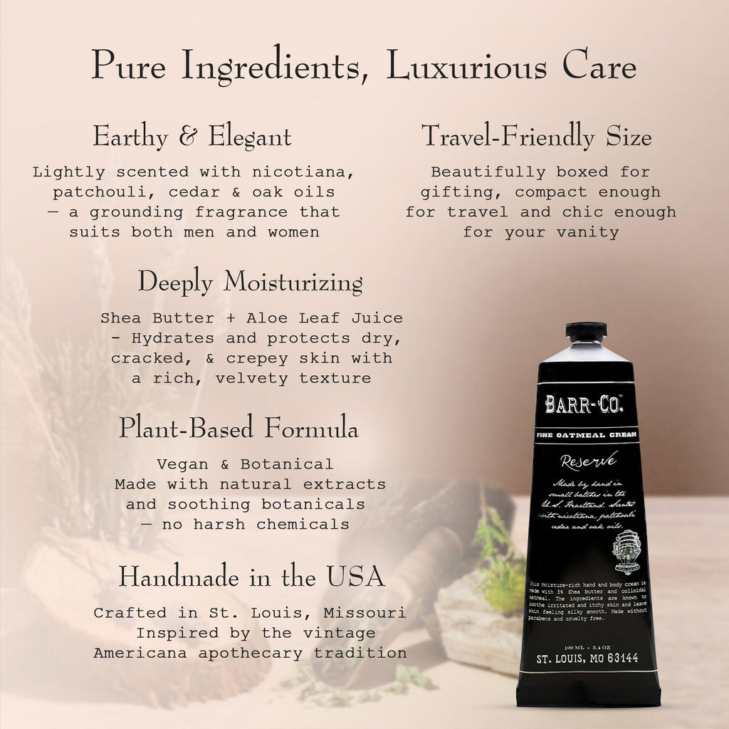 BARR-CO. Reserve Hand & Body Cream, Woody Patchouli & Nicotene Aroma, Body Cream for Dry Cracked Skin, Suitable for Aging Crepey Skin, Moisturizing Shea Butter Cream, 3.4 oz