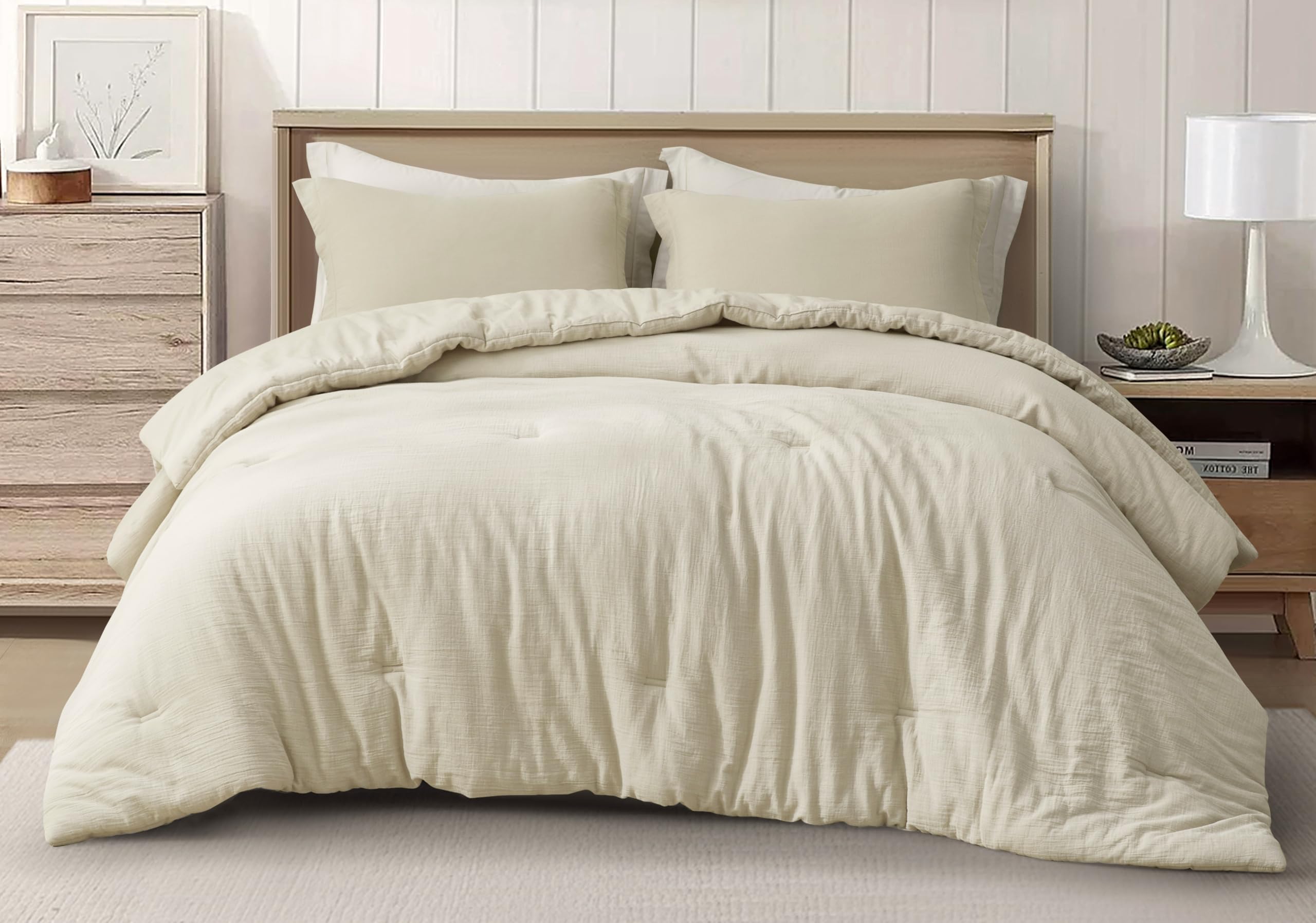 Chezmoi Collection Breeze 3-Piece 100% Cotton Muslin Oversized King Comforter Set, Natural Color Soft Washed Cotton Gauze Comforter, Lightweight Breathable Reversible 240GSM Fill Summer Bedding