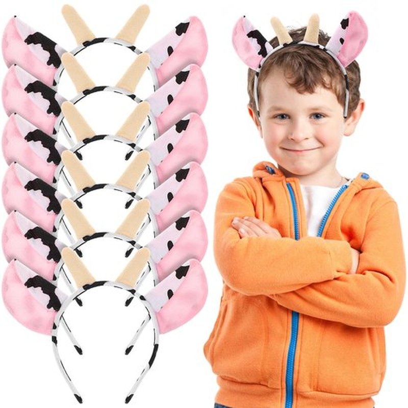 Plush Farm Animal Headband Set: 6 Milk Cow Ear Hairbands, Cosplay Costume Accessories, Party Headdress for Adults and Kids