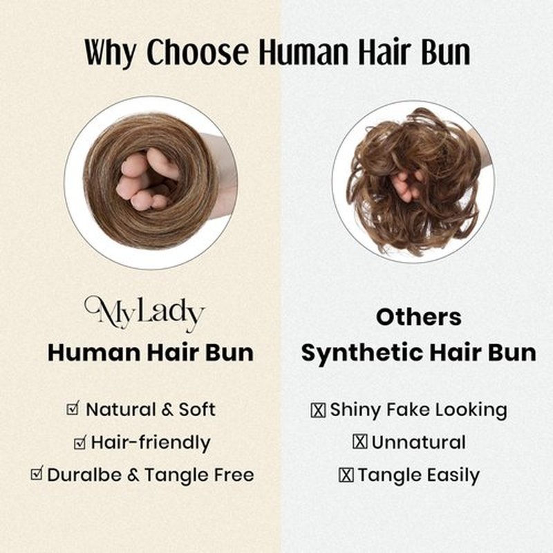 MY-LADY Messy Bun Hair Pieces Human Hair for Women Real Hairpiece Straight Scrunchies Tousled Updo Donut Chignon Ponytail Extension Medium Brown & Dark Blonde