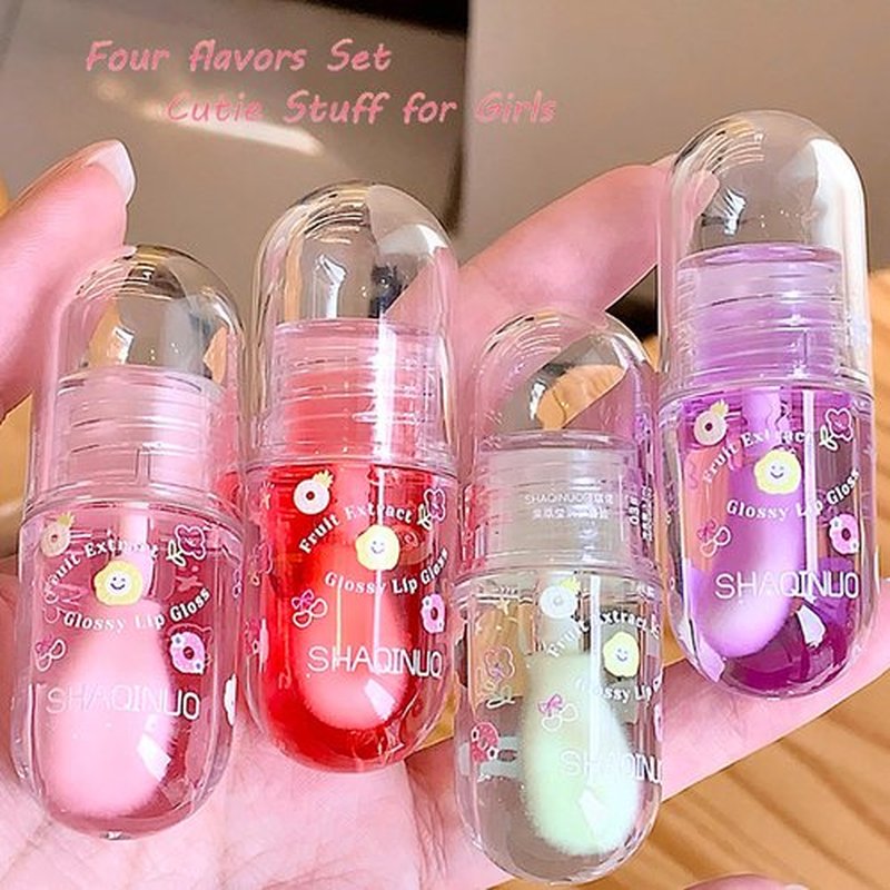 DENESTUP 4 Pcs Lip Gloss Oil Set, Fruit Flavored Lip Gloss Set Cute Lip Jelly Hydrating Lip Make-Up for Women, Party Gift, Non-toxic