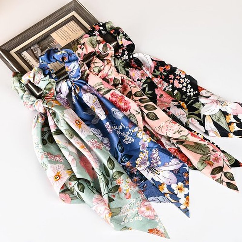 Mirlern 4-Piece Satin Hair Scarf Scrunchies for Women Girls, No Damage Cute Hair Ties with Bow Ribbons Ponytail Holders Elastic Rubber Bands (Lily)