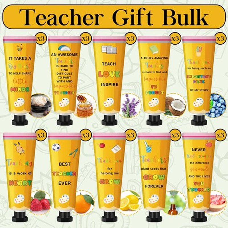 Leelosp 30 Pcs Teacher Appreciation Gift - Pencil Design Hand Cream Bulk Mini Travel Size Moisturizing Hand Lotion for Women Teacher Appreciation Week Graduation Party Favors, 10 Natural Fragrances