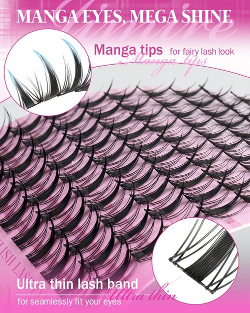 Manga Lash Clusters Natural Look Wispy Lashes Clusters Anime D-Curly Cluster Eyelash Extensions 110 Pcs 8-16MM Fairy Individual Cluster Lashes Wet-Look Lash Extensions