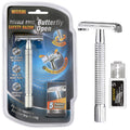 WEISHI Butterfly Open Double Edge Safety Razor for Men, Chrome Long Handle with 5 Stainless Razor Blades Included, Reusable Wet Shave Tool for Smooth, Close Shave