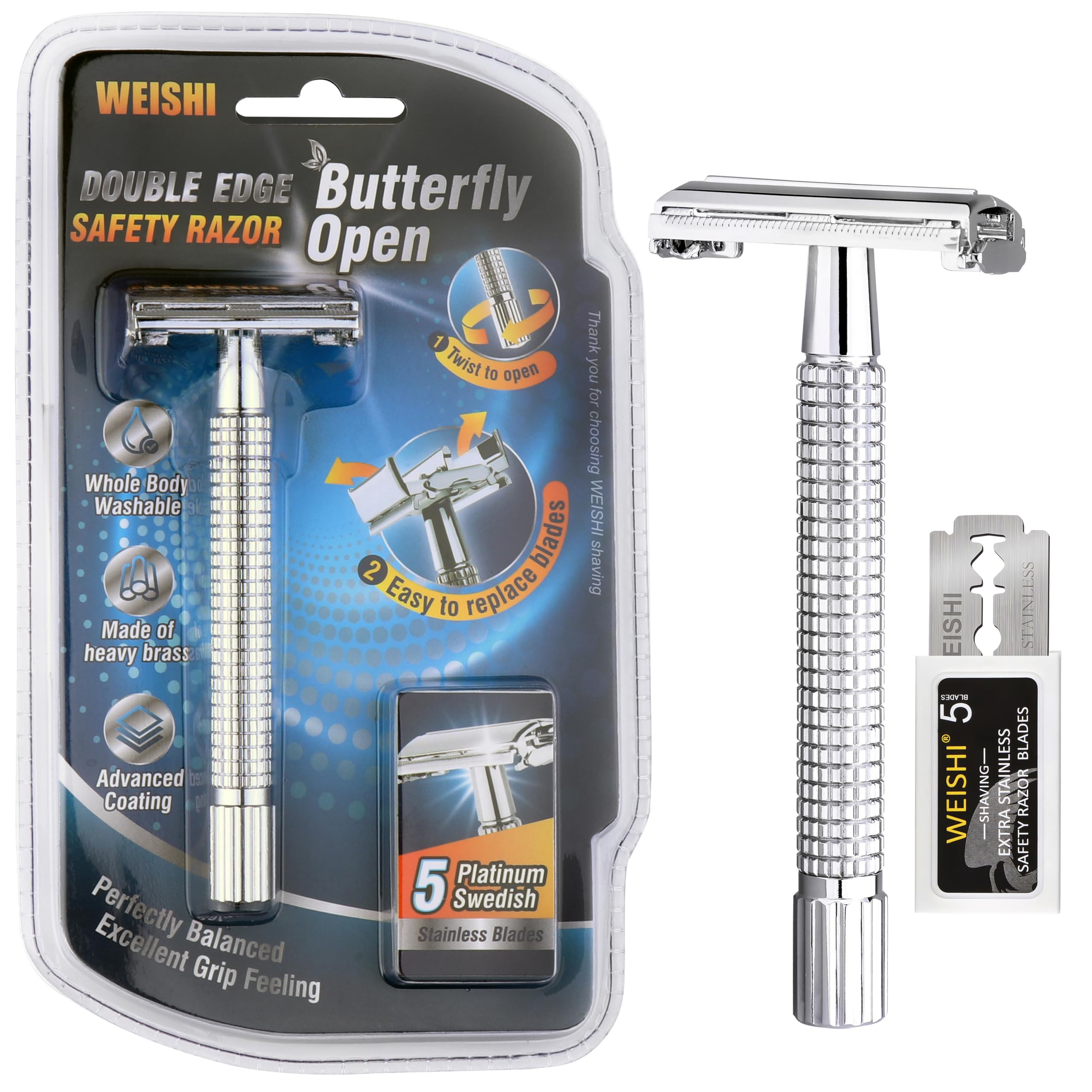 WEISHI Butterfly Open Double Edge Safety Razor for Men, Chrome Long Handle with 5 Stainless Razor Blades Included, Reusable Wet Shave Tool for Smooth, Close Shave