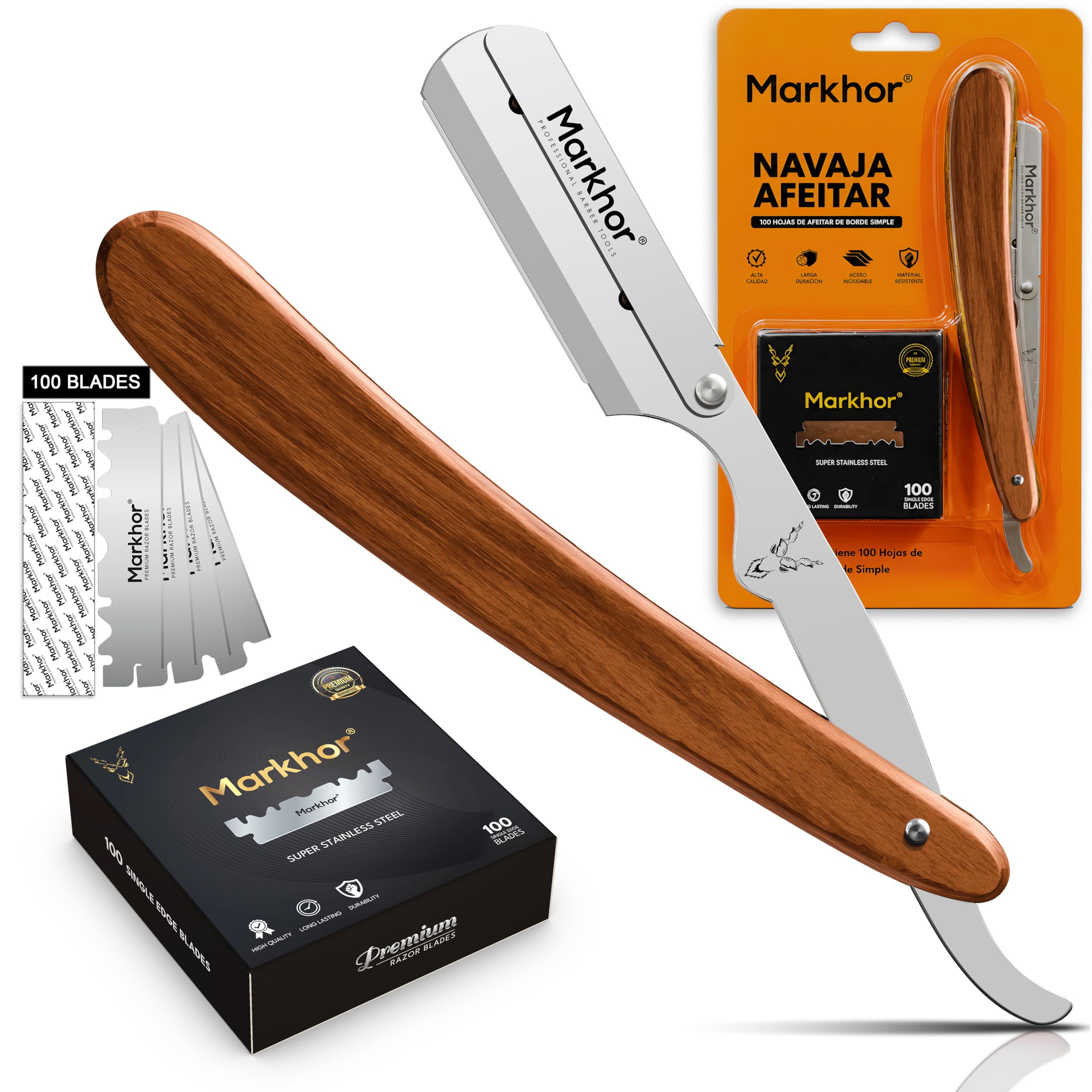 Markhor® Straight Razors for Men with 100 Single Edge Razor Blades | Rose Wood Polish Barber Straight Razor | Straight Edge Razor | Barber Razor Blade | Navajas Para Barbero