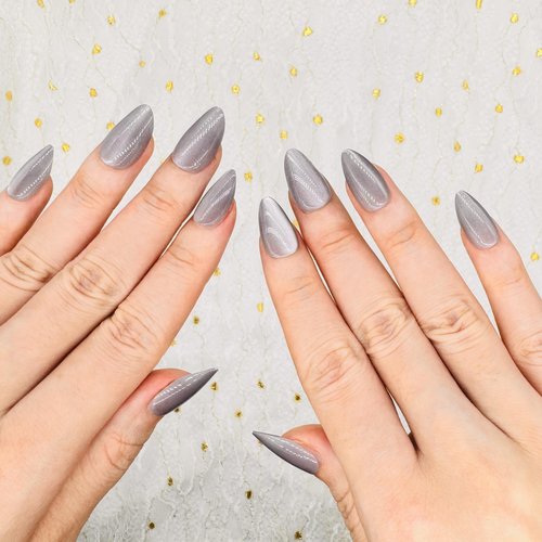 Citchniboul Press on Nails Almond - Grey Cat Eye French Tip Fake Nails, Glazed Glue On Nails for Women Gifts, Natural Stick On Nails in 12 Sizes - 24 Soft Gel Fake Nail Kit，Starry Sky