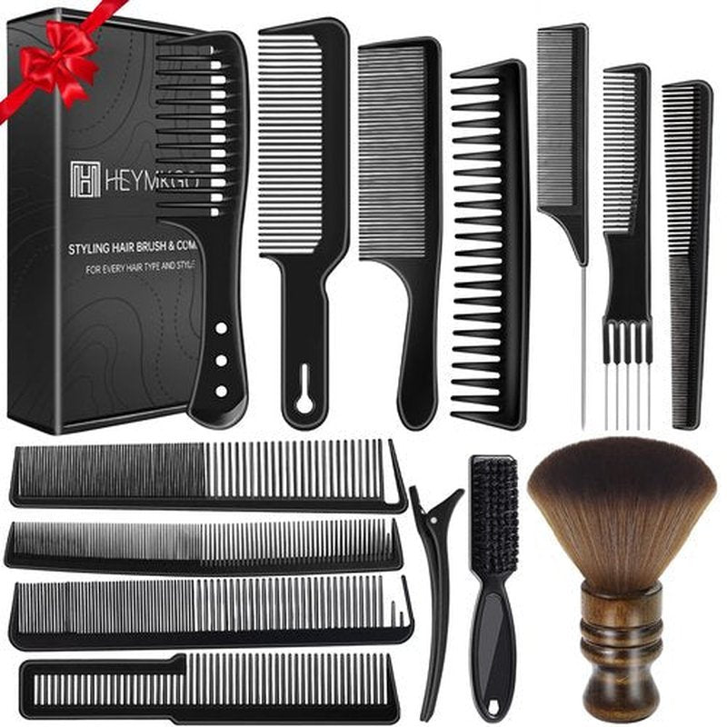 HEYMKGO Barber Comb,14PCS Hair Cutting Comb Set, Professional Salon Fine and Wide Tooth Comb, Barber Clipper Brush Duster Brush, Hair Clips, Rat Tail Teasing Combs for Styling