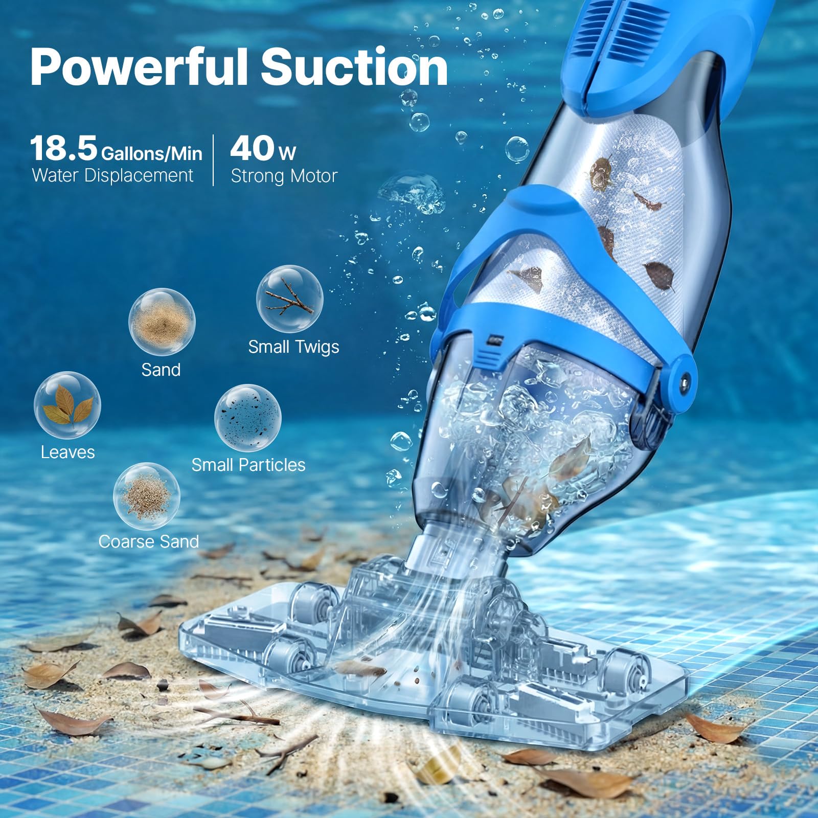 OGERY Pool Vacuum for Above Ground Pool, 18.5GPM Powerful Suction, 60Mins Runtime, Telescopic Pole Cordless Pool Vacuum for Inground Pools, Rechargeable Cordless Handheld Pool Vacuum for Spas/Hot Tubs