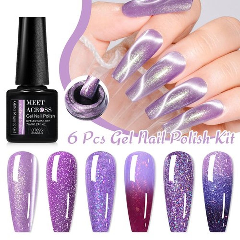 MEET ACROSS Gel Nail Polish Set 6 Pcs Glitter Colors Gel Nail Kit Art Design Soak Off UV LED (SET-12, 6pcs)