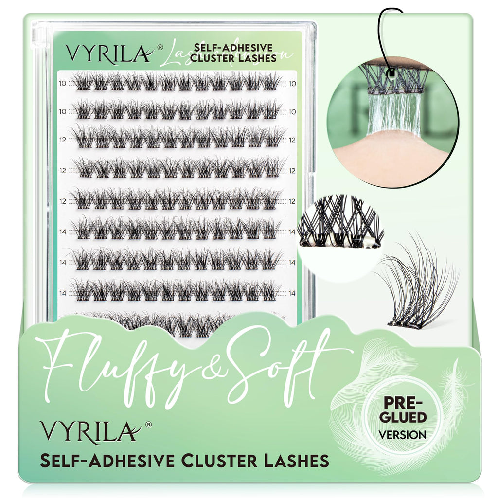 VYRILA Self-Adhesive Lash Cluster, 120pcs Pre-Glued Clusters, Pop-On Faux Eyelashes, 3D Band D Curl Natural Look Lahses, Easy to Apply, Reusable 0.05mm Eyelash Extensions (Green Hush-D-0.05-10-16mix)