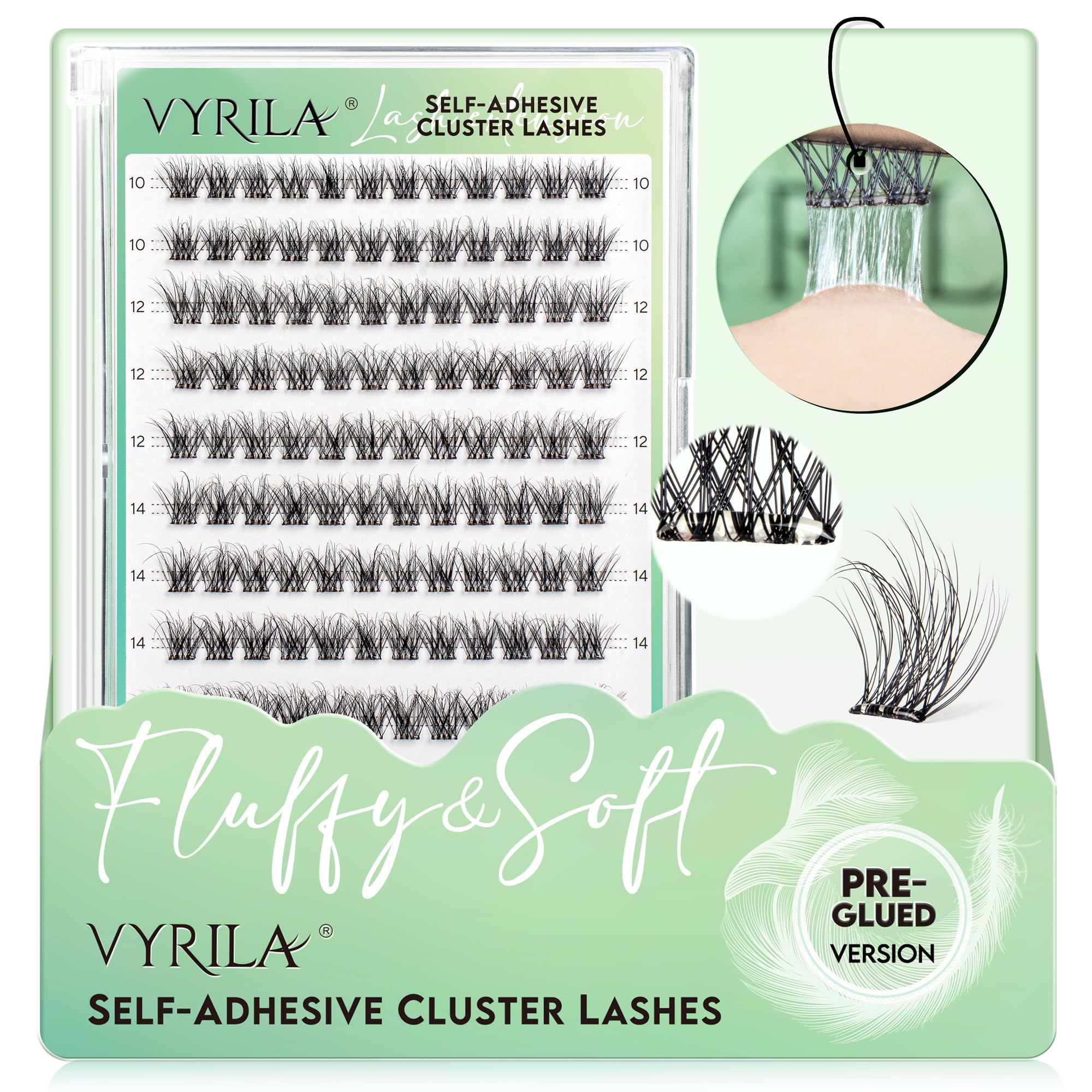 VYRILA Self-Adhesive Lash Cluster, 120pcs Pre-Glued Clusters, Pop-On Faux Eyelashes, 3D Band D Curl Natural Look Lahses, Easy to Apply, Reusable 0.05mm Eyelash Extensions (Green Hush-D-0.05-10-16mix)