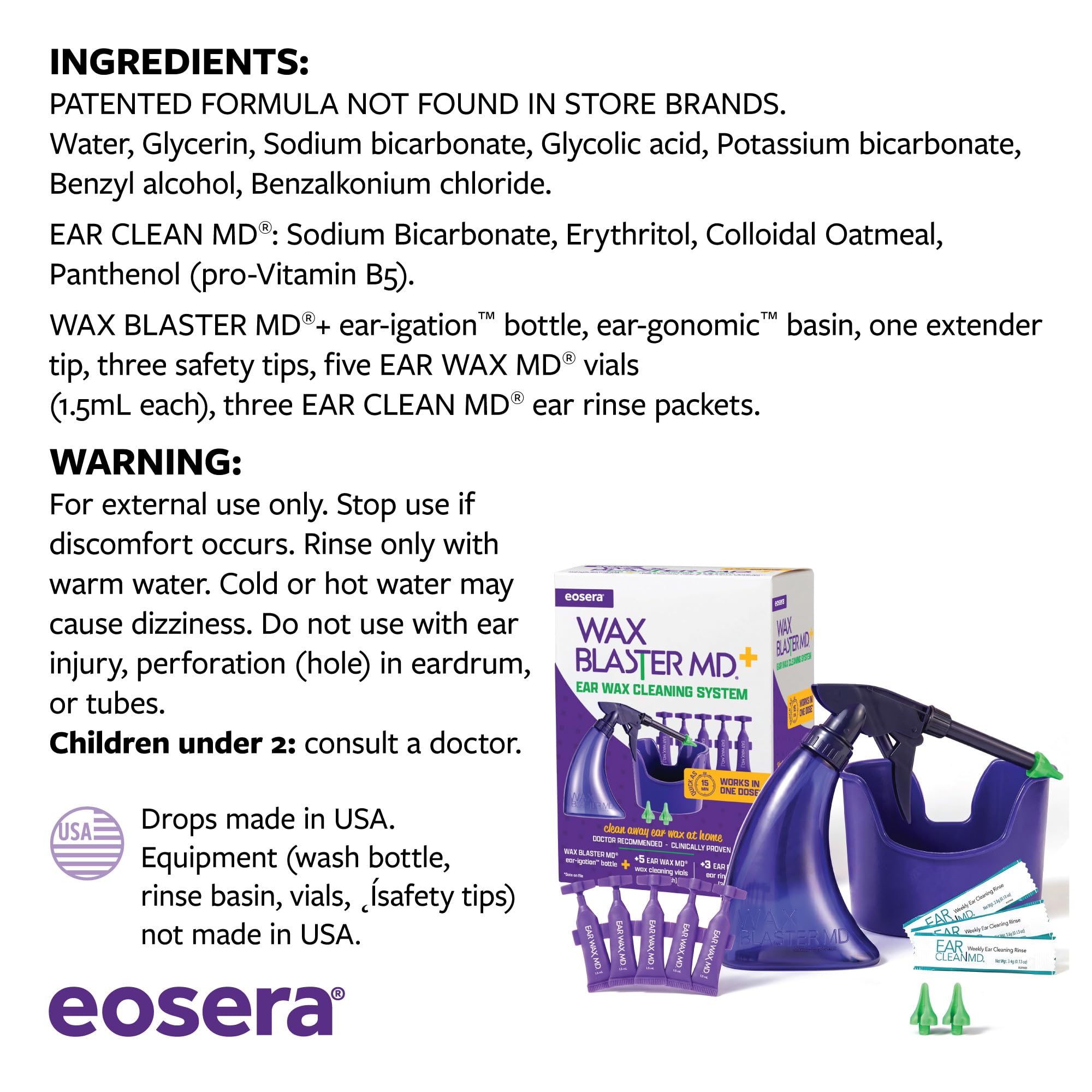 eosera Wax Blaster MD+ Ear Wax Cleaning System – Includes 5 Single-Use Vials and 3 Premixed Packets – Complete Earwax Irrigation Kit for Stubborn and Routine Ear Cleaning