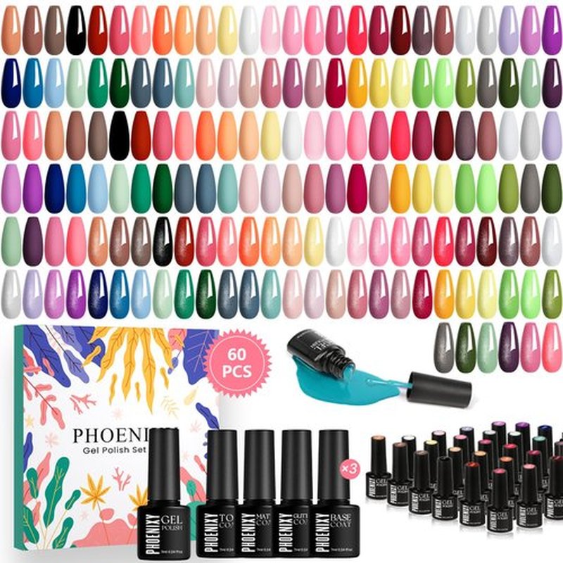 phoenixy 60 Pcs Gel Nail Polish Set, 54 Colors Soak Off Gel Nail Polish Pink Red Black Base Coat Glossy Matte Glitter Top Coats Beginner Starter DIY Gift for Women