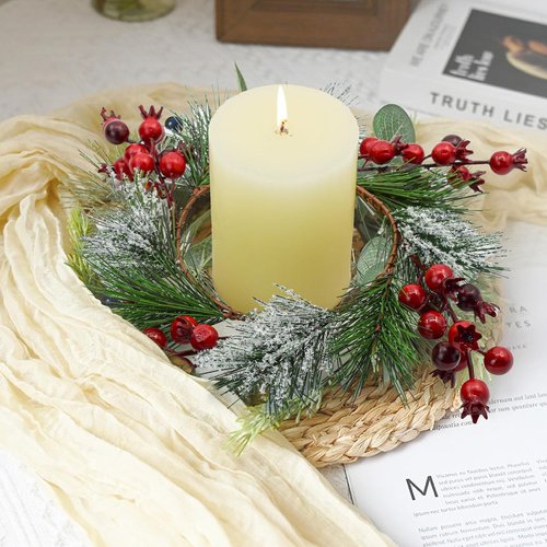 Skiennix Christmas Candle Rings - Snowy Pine Needle & Red Berry Mini Wreaths | 4PCS for Festive Home Decor