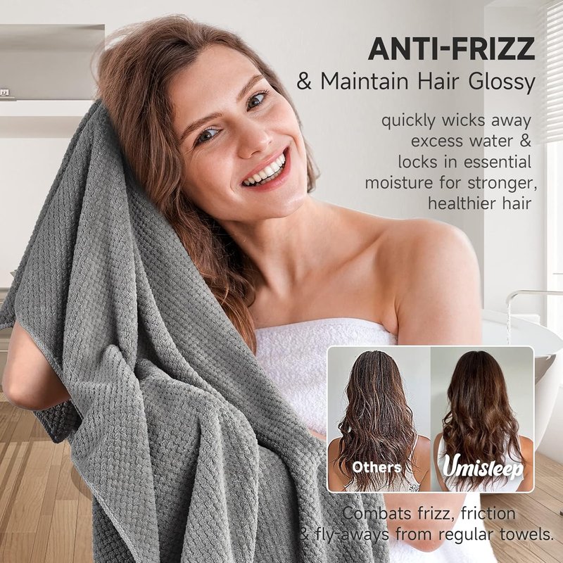 Umisleep Extra Large Microfiber Hair Towel - Super Soft Quick Dry Wrap for Long, Curly Hair | Grey