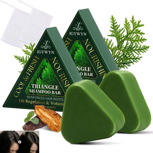Cypress Leaf Hair Growth Soap - Nature Triangle Shampoo Bar for Strengthening & Reducing Hair Breakage -Gently Cleanses,Triangle Non-Slip Design, for All Hair Types + Foaming Nets - 120g*2