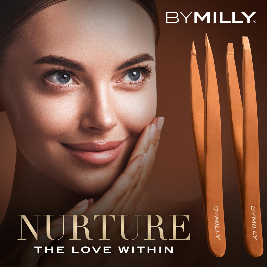 By MILLY Precision Tweezers Set | Titanium Series | Slanted and Pointed Tip Tweezers Kit | Aligned & Hand-Filed Tweezer Set Professional | Hair Removal & Eyebrow Tweezers | Rose Gold
