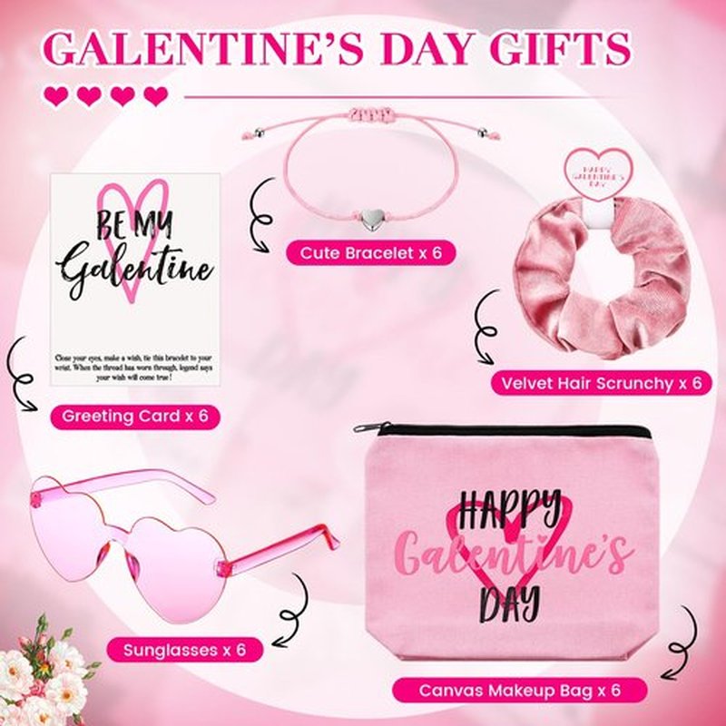 Landical 6 Set Galentine's Day Gift Set Include Makeup Bags Greeting Cards Velvet Hair Scrunchies Bracelets Sunglasses Gifts for Women