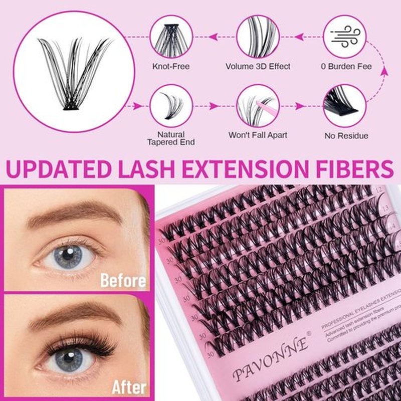 PAVONNE Lash Extension Kit DIY 280pcs Lash Clusters, 9-16mm 30D 40D Individual Lashes with Lash Bond and Seal, Lash Tweezers for Self Use (30D&40D, 0.07D, 9-16mm, Kit)