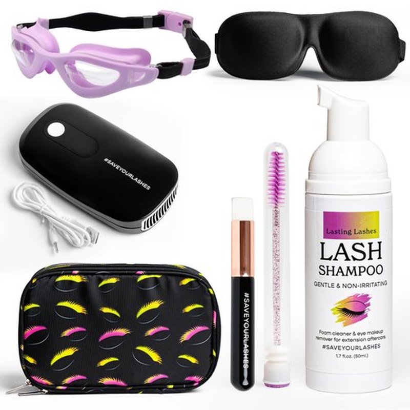 Lasting Lashes Lash Shampoo Kit – Premium Lash Extension Cleaning Kit & Care Set with Fan, Brush, Oil-Free Eyelash Cleanser, Goggles for Shower & Sleep Mask - Lash Bath Kit & Aftercare System