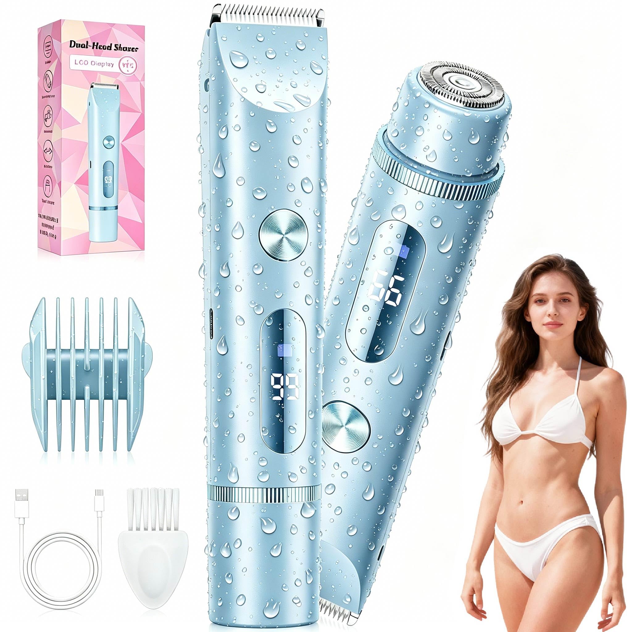 Bikini Trimmer for Women, Rechargeable 2-in-1 Electric Razor for Shower& Travel, IPX7 Waterproof Painless Hair Removal for Bikini Line, Legs, Underarms, Wet & Dry Hypoallergenic Ceramic Blade, Blue