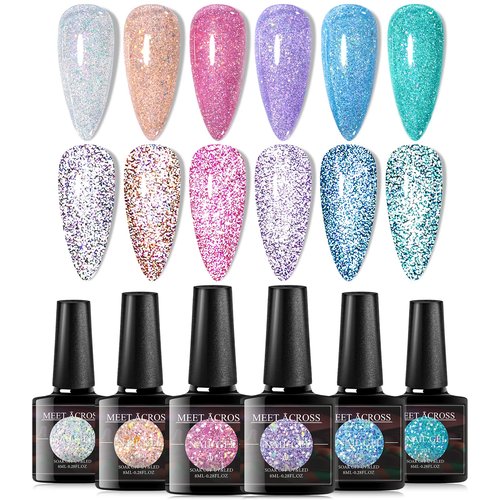 MEET ACROSS Reflective Glitter Gel Nail Polish, Shimmery Glitter Gel Polish Set, Sparkly Shiny Nail Art Varnish Manicure Kit, Soak Off LED Lamp, for Beginners DIY at Home