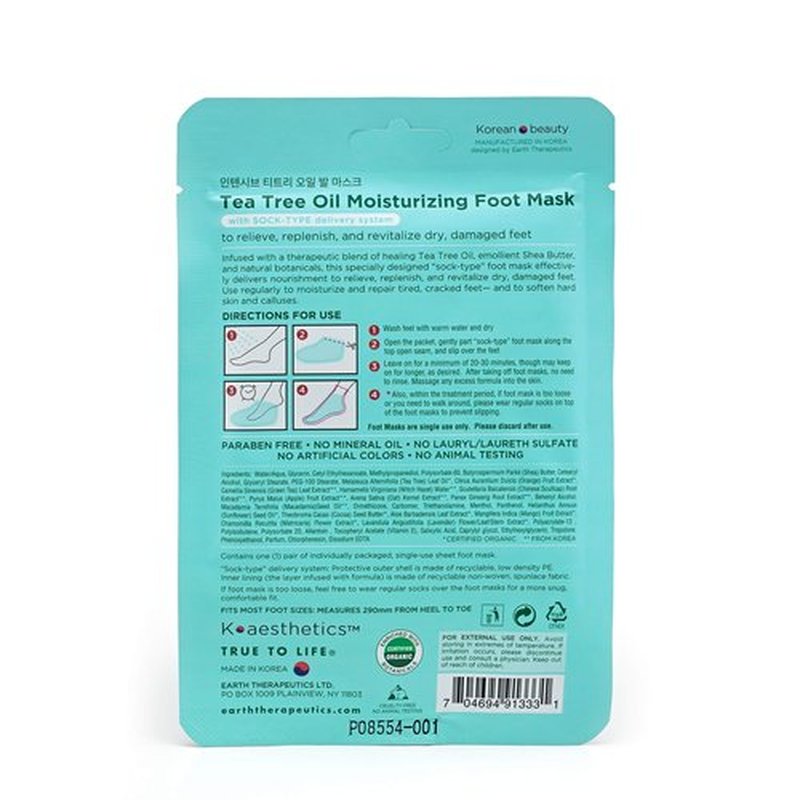 Earth Therapeutics Tea Tree Oil Moisturizing Foot Mask - 2 Pack (2 Pairs)