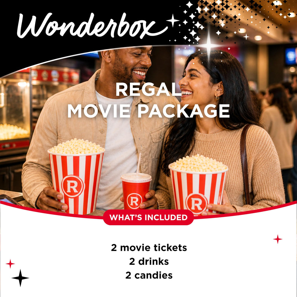 WONDERBOX - Regal Movie Gift Box – 2 Tickets, 2 Drinks & 2 Candies – Movie Night Experience for 2 – Valid at 425 Regal Locations in the US
