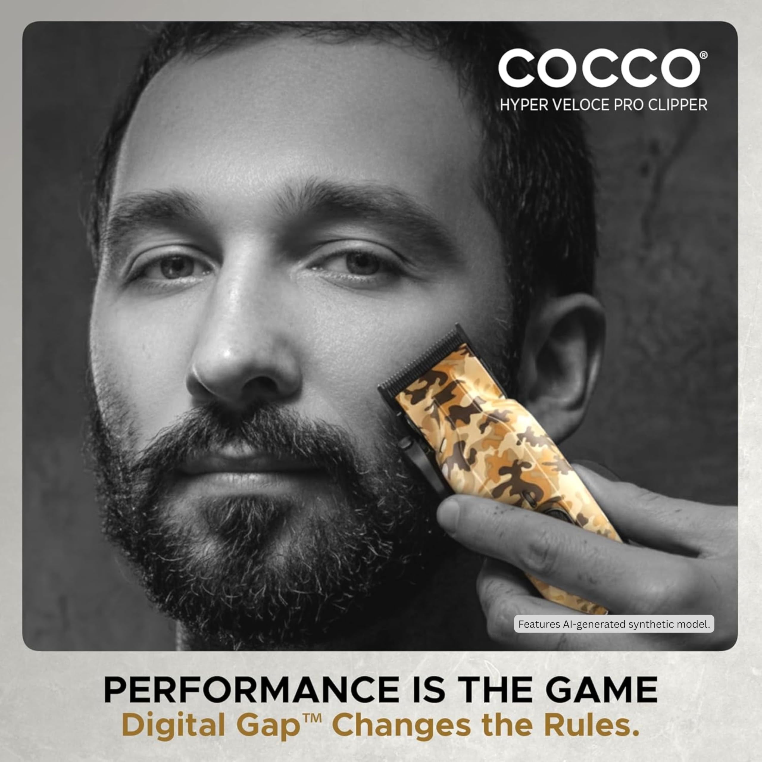 Cocco Hyper Veloce Pro Clipper, Digital Gap Ambassador Graphene Taper Blade Professional Hair Clippers, High-Torque BLDC Motor, All-Metal, Cordless, Charging Station Included (Camo)