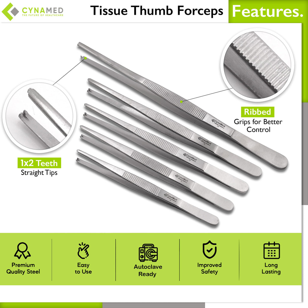 Cynamed Set of 5 Thumb Tweezer Multipurpose Forceps (Toothed, 1x2 Teeth) - Stainless Steel, 4.5in.-8 in.