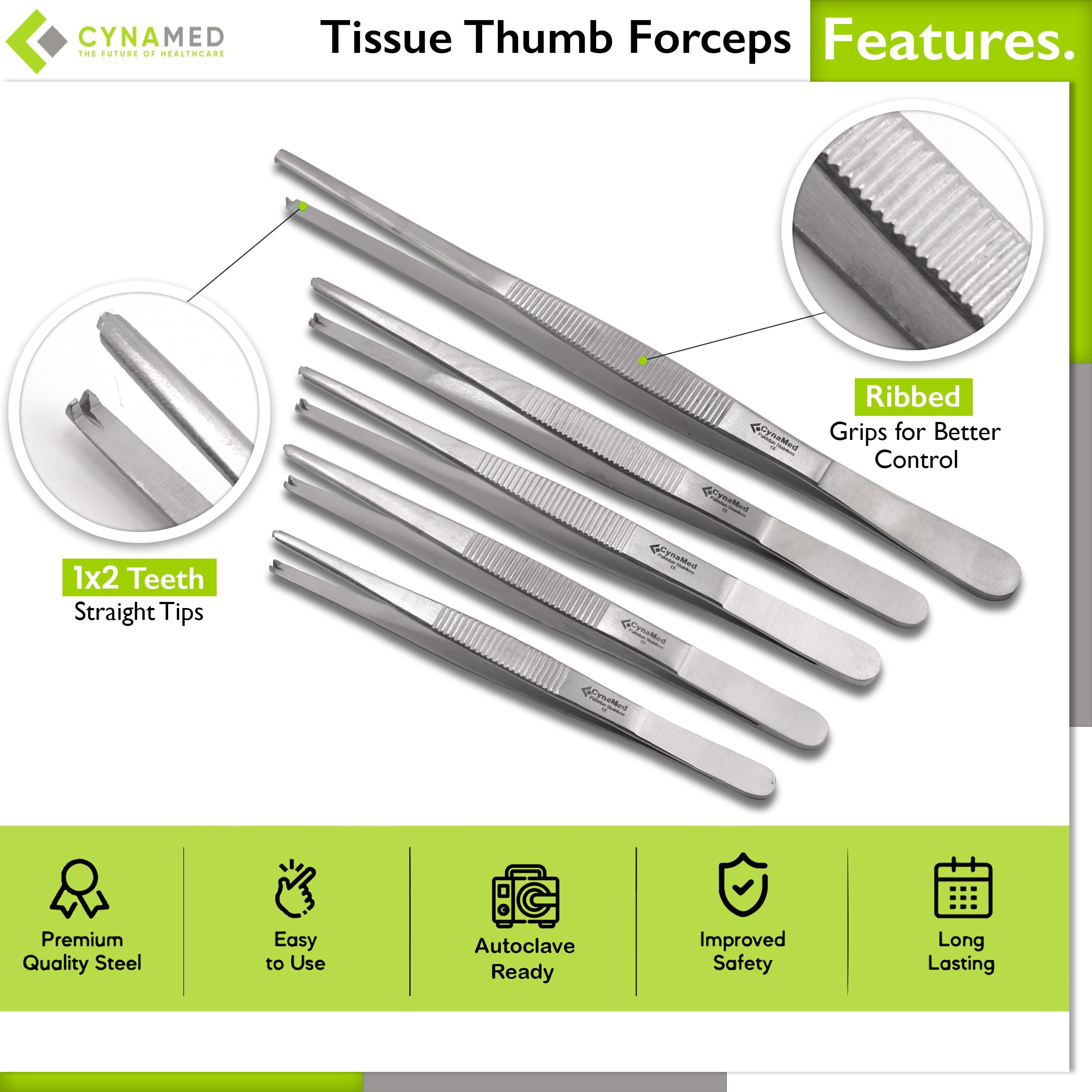 Cynamed Set of 5 Thumb Tweezer Multipurpose Forceps (Toothed, 1x2 Teeth) - Stainless Steel, 4.5in.-8 in.