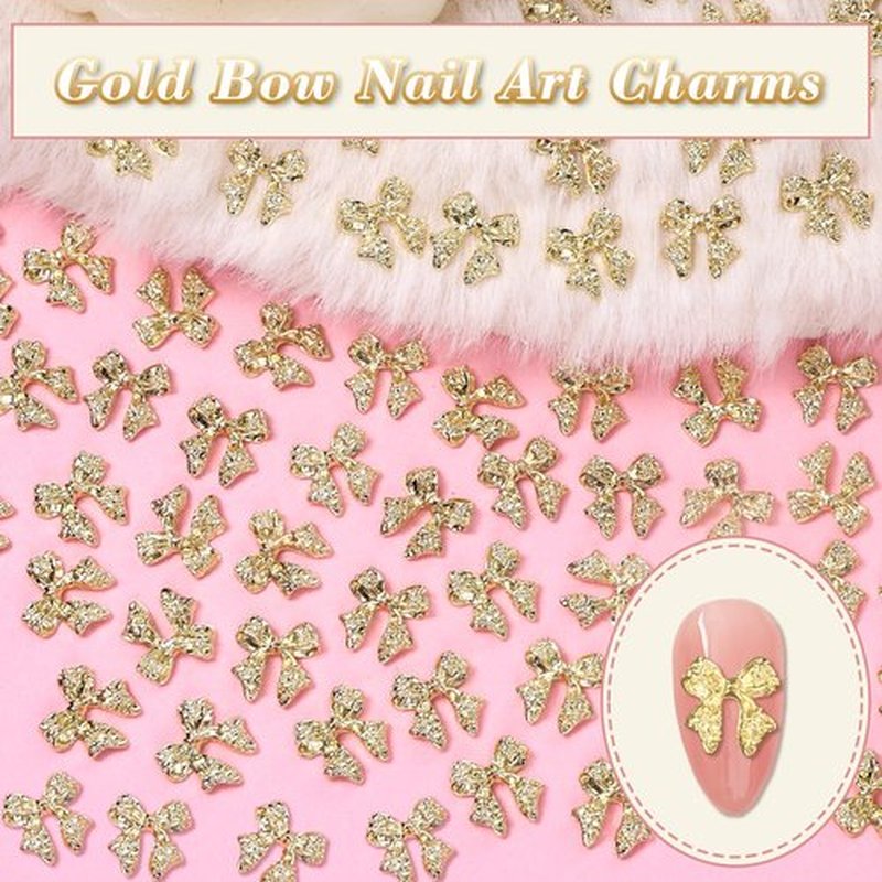 Cynailli 80 Pcs Gold 3D Bow Metal Nail Charm, Luxury Shiny Bows Nail Jewelry Charms for Alloy Nails, DIY Crafts