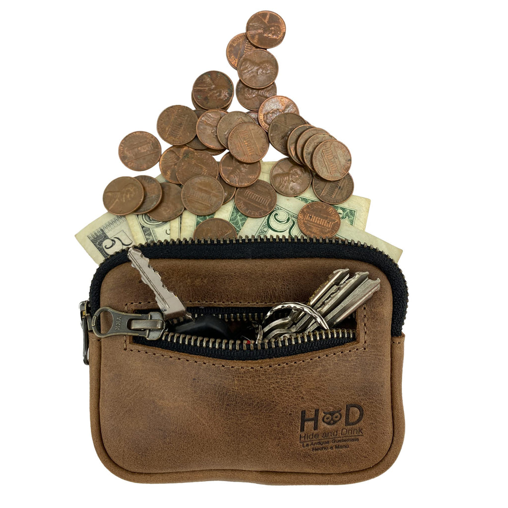 Hide & Drink, Zippered Wallet, Business Card and Money Holder, Compact Pocket Organizer, Full Grain Leather, Handmade Everyday Accessories, Bourbon Brown