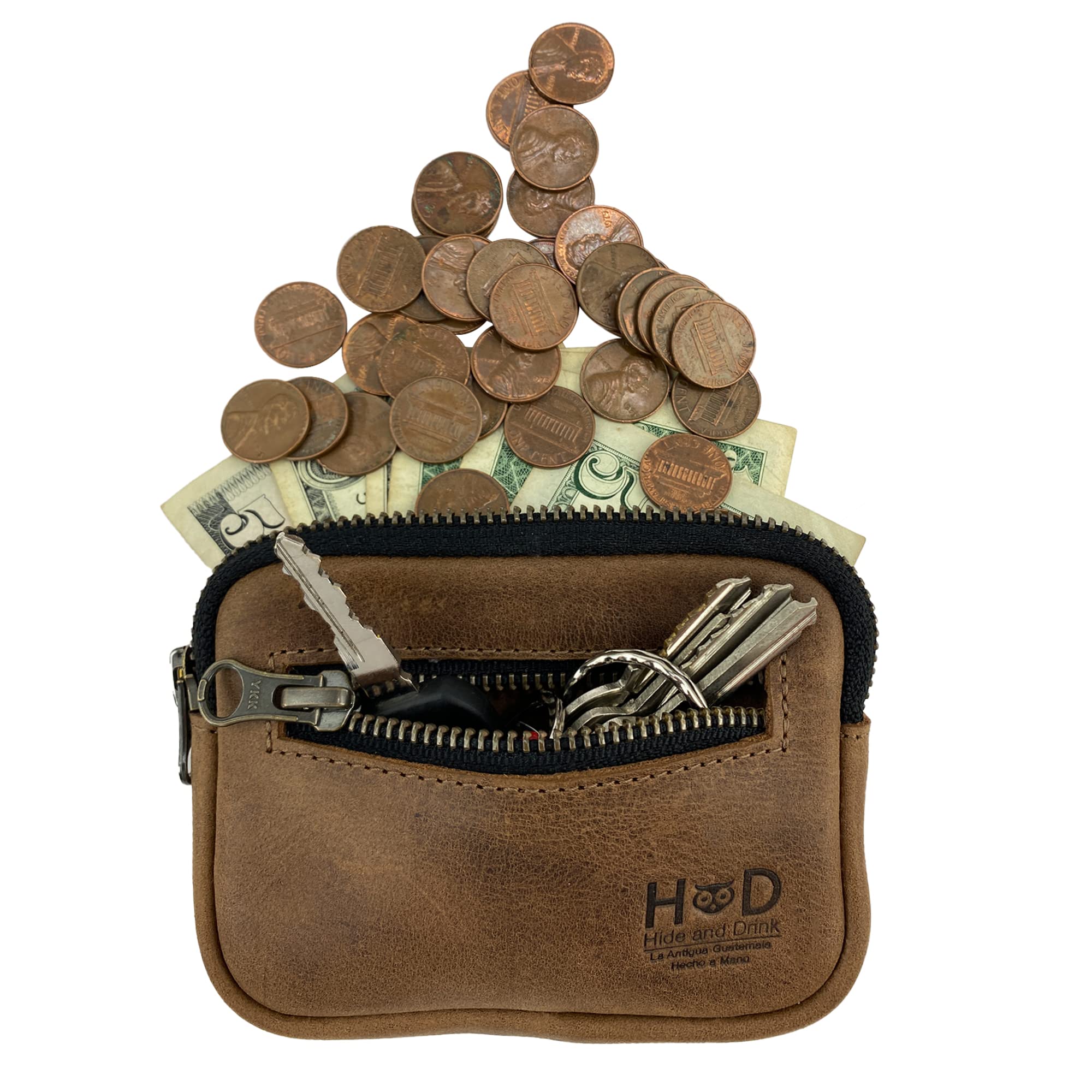 Hide & Drink, Zippered Wallet, Business Card and Money Holder, Compact Pocket Organizer, Full Grain Leather, Handmade Everyday Accessories, Bourbon Brown